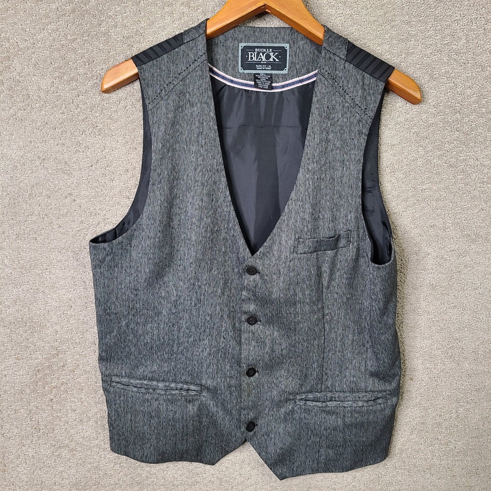 Buckle Black Vest Mens Medium Gray Herringbone Slim Fit Polyester Rayon Casual